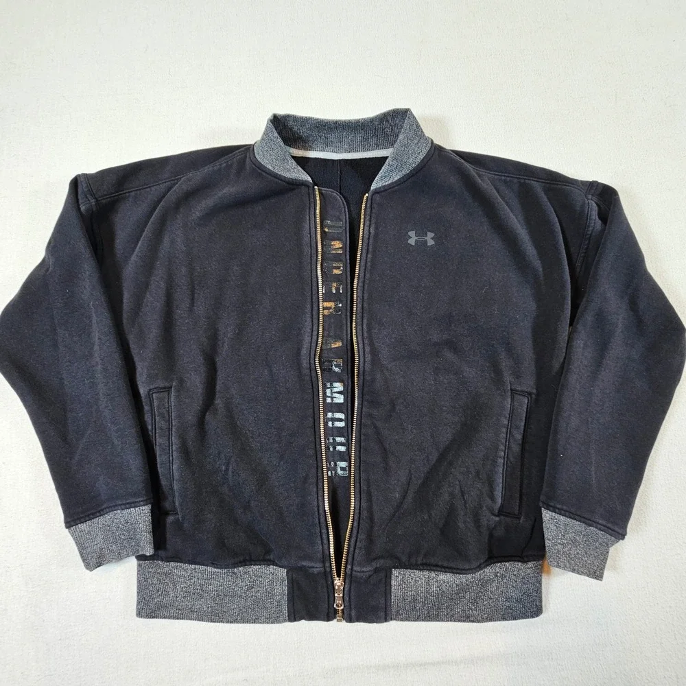 Under Armour Bomber Jacket Womens L Black‎ Threadborne Full Zip Fleece